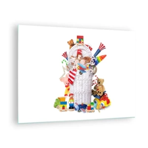 Glastavla - Bild på glas - En korg full av färgglada leksaker på en vit bakgrund - 70x50cm - Småttingens skatter - Modern väggdekoration för vardagsrum och sovrum ARTTOR