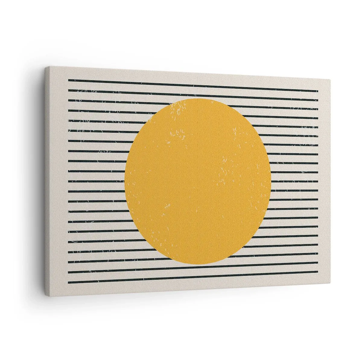 Canvastavla - Bild på duk - En gul cirkel mot en bakgrund av svarta och vita horisontella linjer - 70x50cm - Enkelhetens kraft - Modern väggdekoration för vardagsrum och sovrum ARTTOR