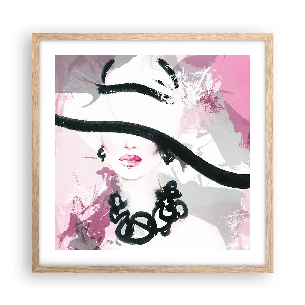 Affisch i ram av ljusek - En damportätt i svart och rosa - 50x50 cm