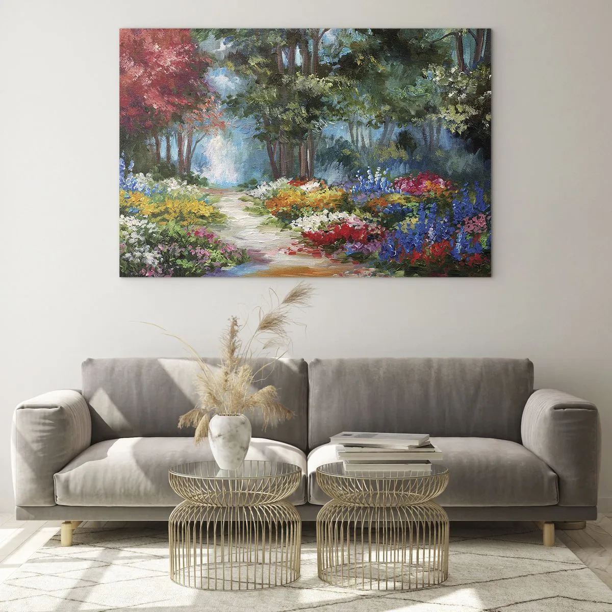 Glastavla - Bild på glas - En färgglad skogsträdgård med blommande blommor - 70x50cm - Skogsträdgård, blomskog - Modern väggdekoration för vardagsrum och sovrum ARTTOR