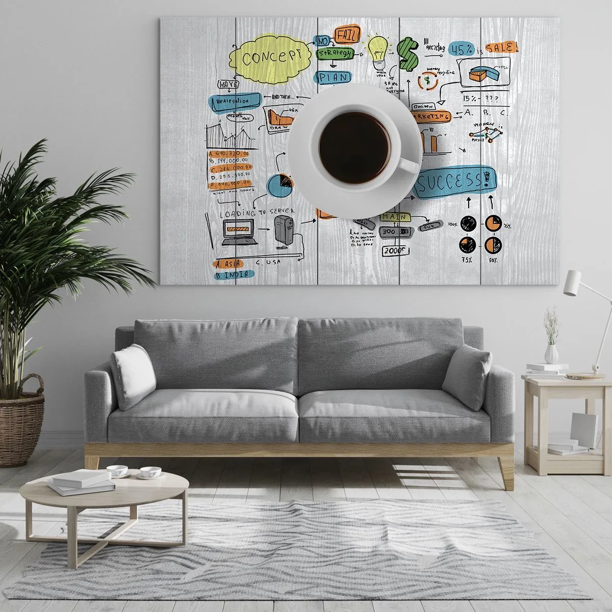 Glastavla - Bild på glas - En kopp kaffe mot en bakgrund av diagram och konceptuella ritningar - 70x50cm - Rastdags - Modern väggdekoration för vardagsrum och sovrum ARTTOR
