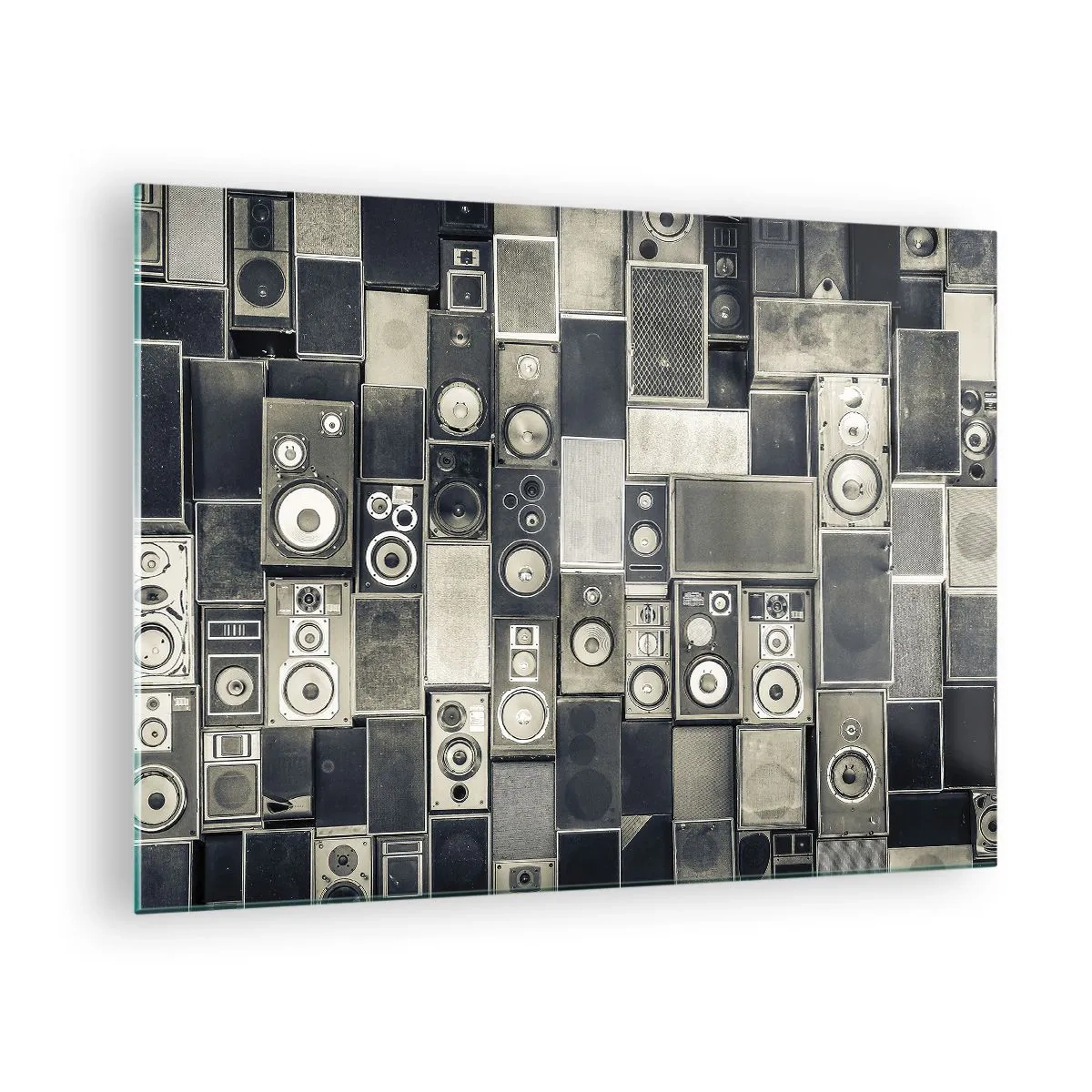Glastavla - Bild på glas - En komposition av retrohögtalare i grå nyanser - 70x50cm - Allt väl - Modern väggdekoration för vardagsrum och sovrum ARTTOR