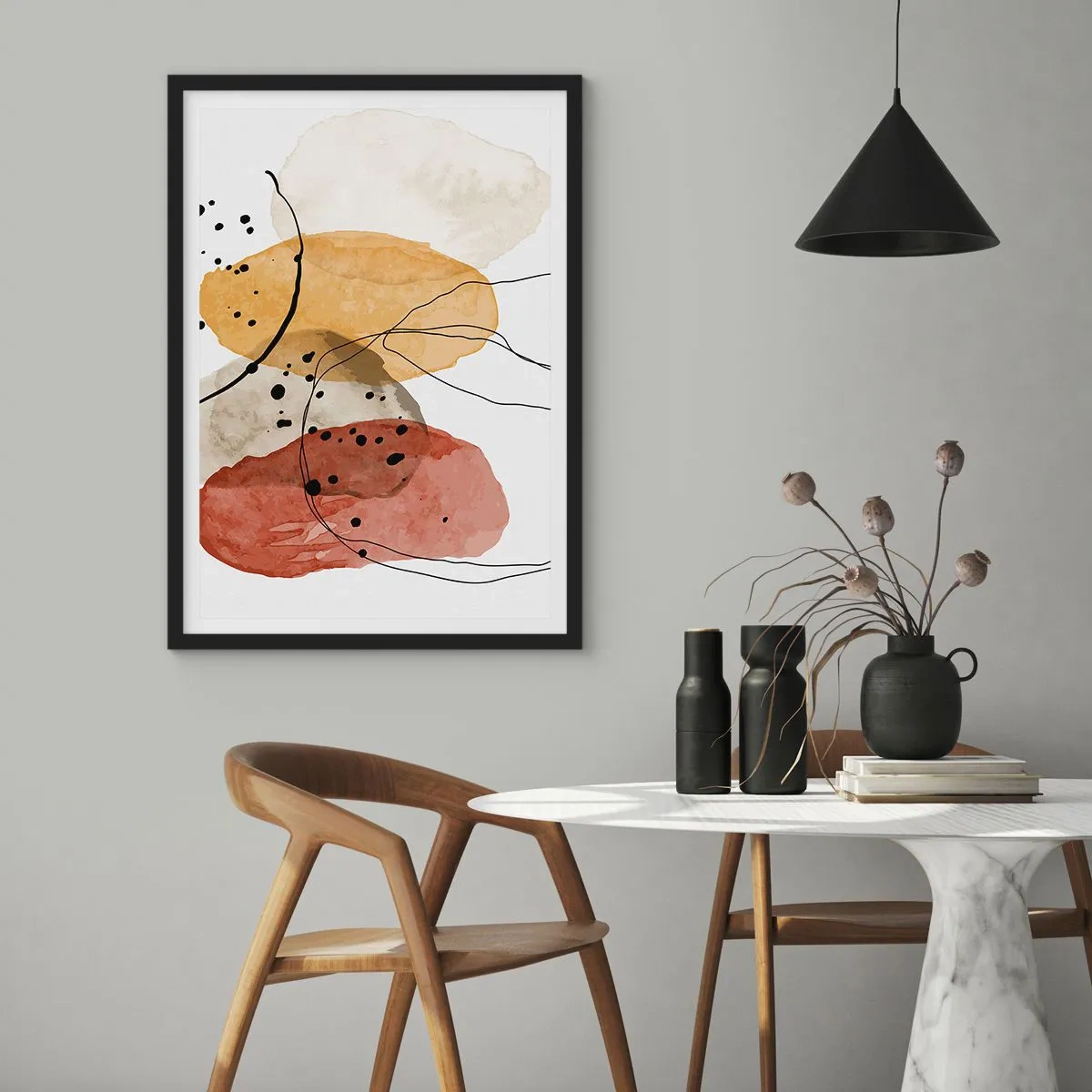 Affisch i svart ram - Abstrakta former i nyanser av beige, gult och rött - 50x70cm - Lätta och transparenta som luften - Modern väggdekoration för vardagsrum och sovrum ARTTOR