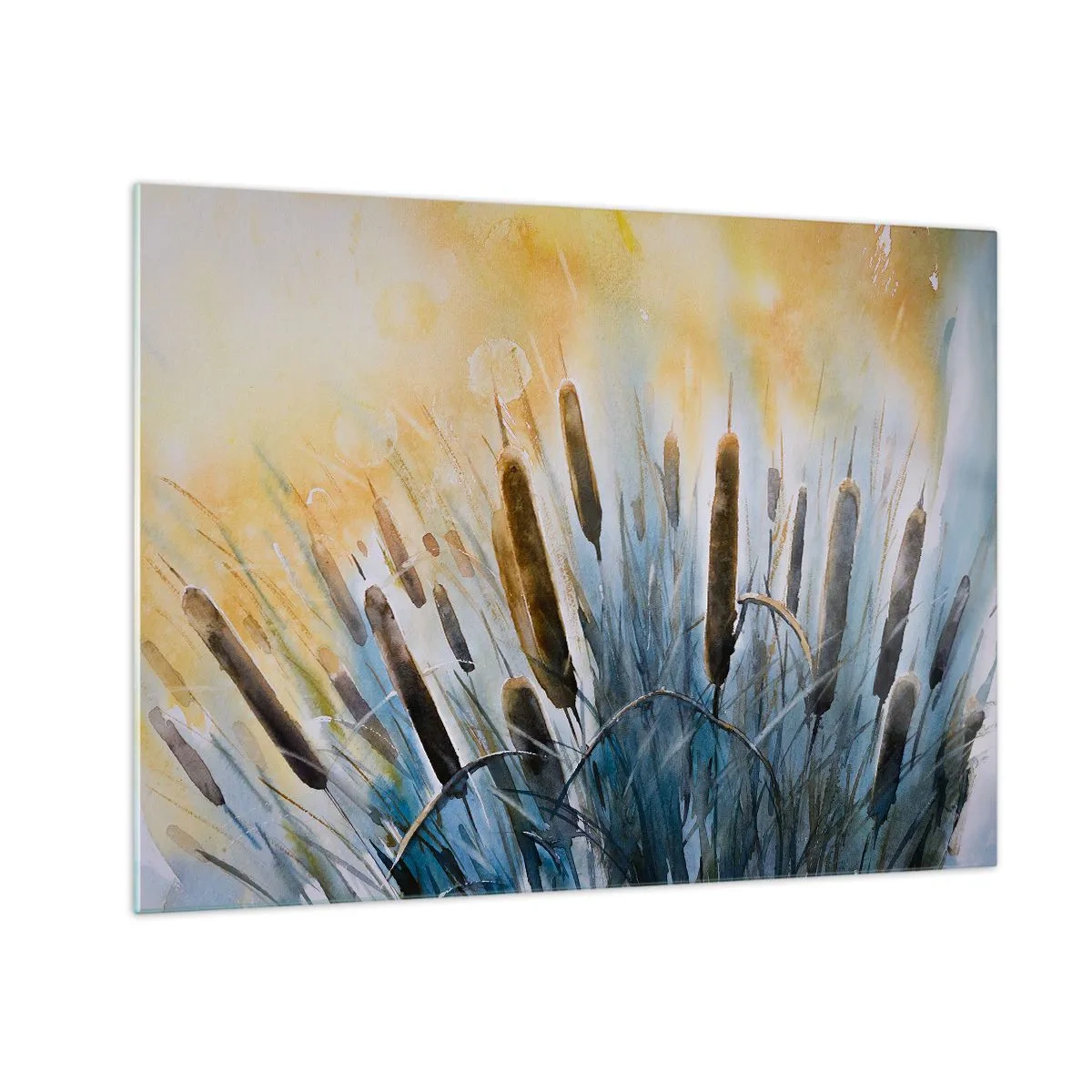 Glastavla - Bild på glas - Målade kaveldun mot en solig himmel - 70x50cm - Vattnets kyla, solens hetta - Modern väggdekoration för vardagsrum och sovrum ARTTOR