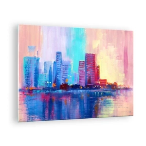 Glastavla - Bild på glas - En modern stad i intensiva färger som speglas i vattnet - 70x50cm - Doppade i färger - Modern väggdekoration för vardagsrum och sovrum ARTTOR