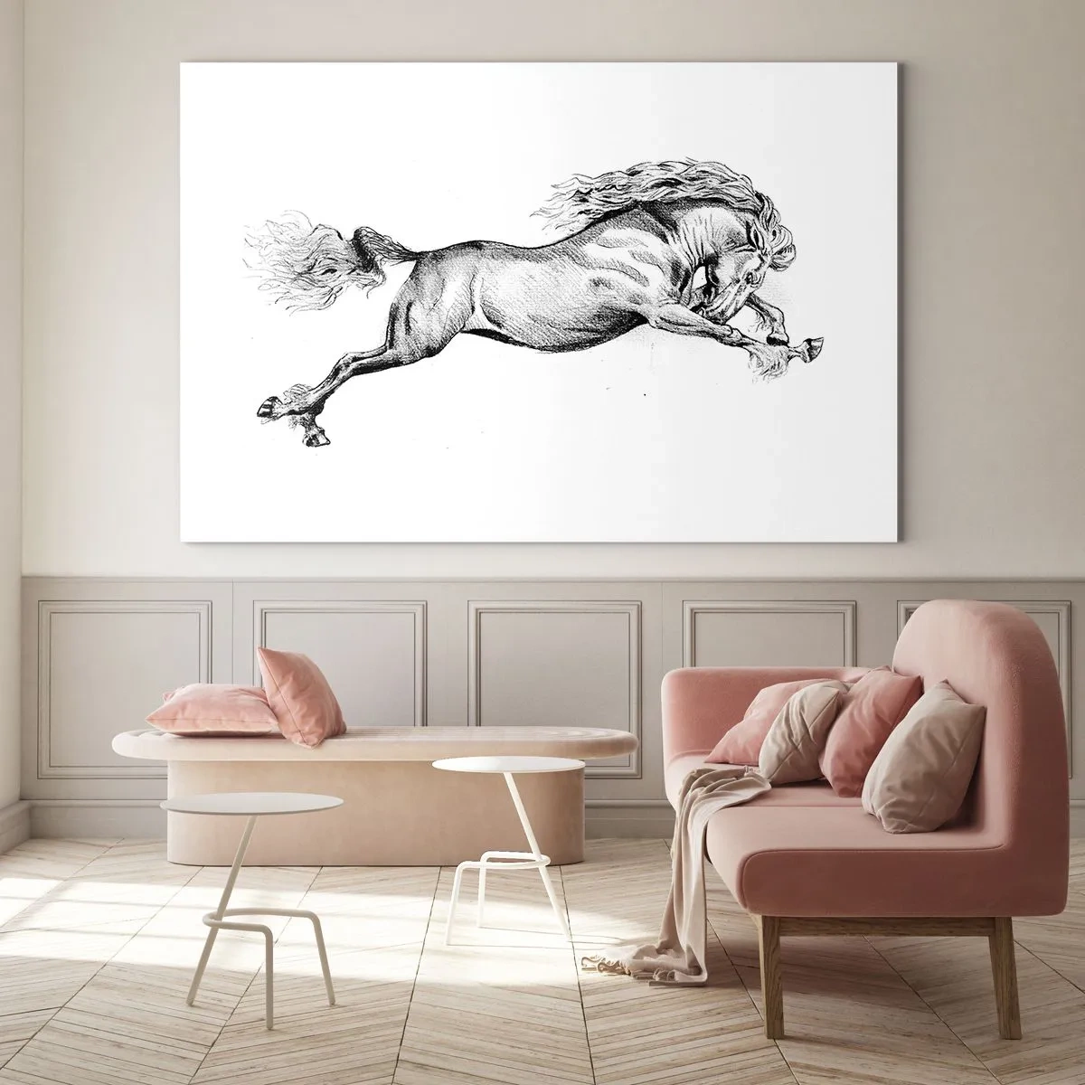Glastavla - Bild på glas - Svartvit teckning av en galopperande häst - 70x50cm - Fångad i galopplopp - Modern väggdekoration för vardagsrum och sovrum ARTTOR