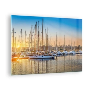 Glastavla - Bild på glas - En marina full av segelbåtar i ljuset av den nedgående solen - 70x50cm - Vinden måste också sova - Modern väggdekoration för vardagsrum och sovrum ARTTOR