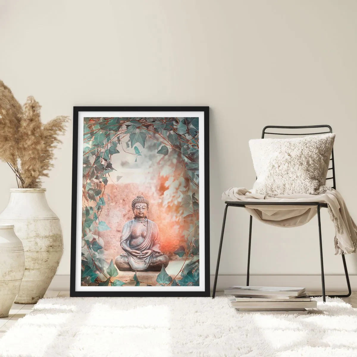 Affisch i svart ram - En Buddhastaty omgiven av murgröna i en meditativ aura - 50x70cm - Glädjefylld harmoni - Modern väggdekoration för vardagsrum och sovrum ARTTOR