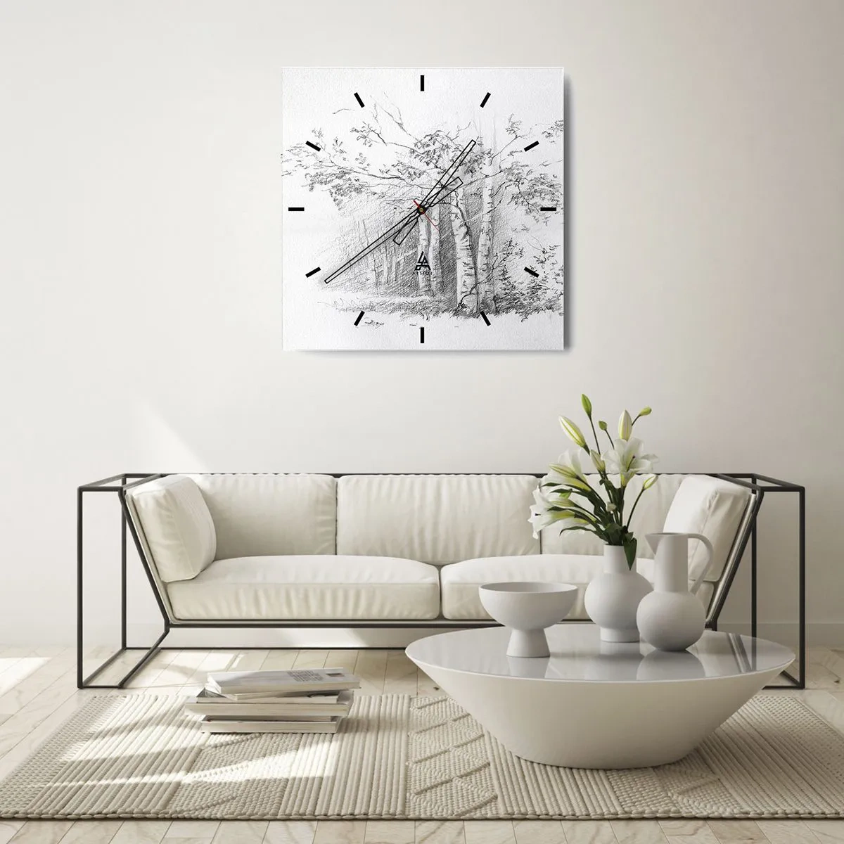 Väggklocka - Klocka på glas - Björkskogens ljus - 30x30 cm