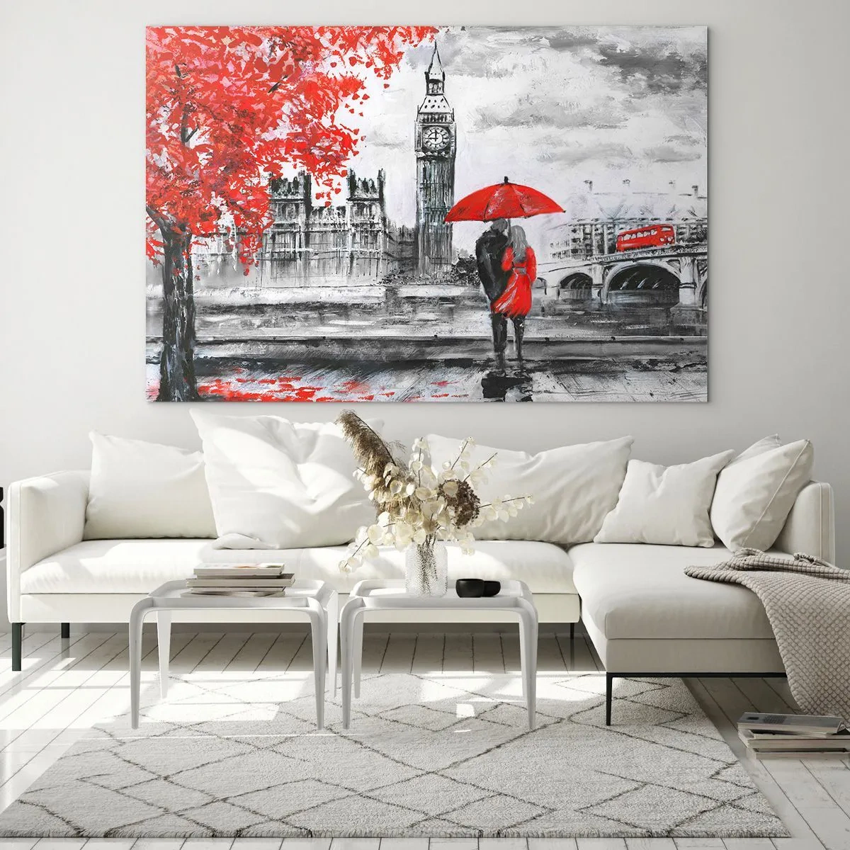 Glastavla - Bild på glas - Ett par under ett rött paraply med Big Ben och höstträd i bakgrunden. - 70x50cm - Förälskade i London - Modern väggdekoration för vardagsrum och sovrum ARTTOR