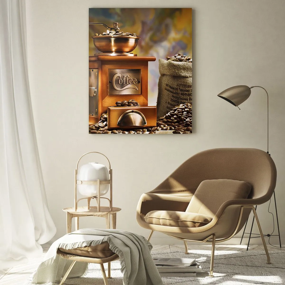 Glastavla - Bild på glas - Knastrande bönor, bullrande kvarn - 50x70 cm