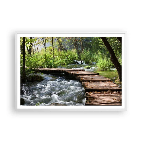 Affisch i vit ram - Över skummande kaskad - 100x70 cm