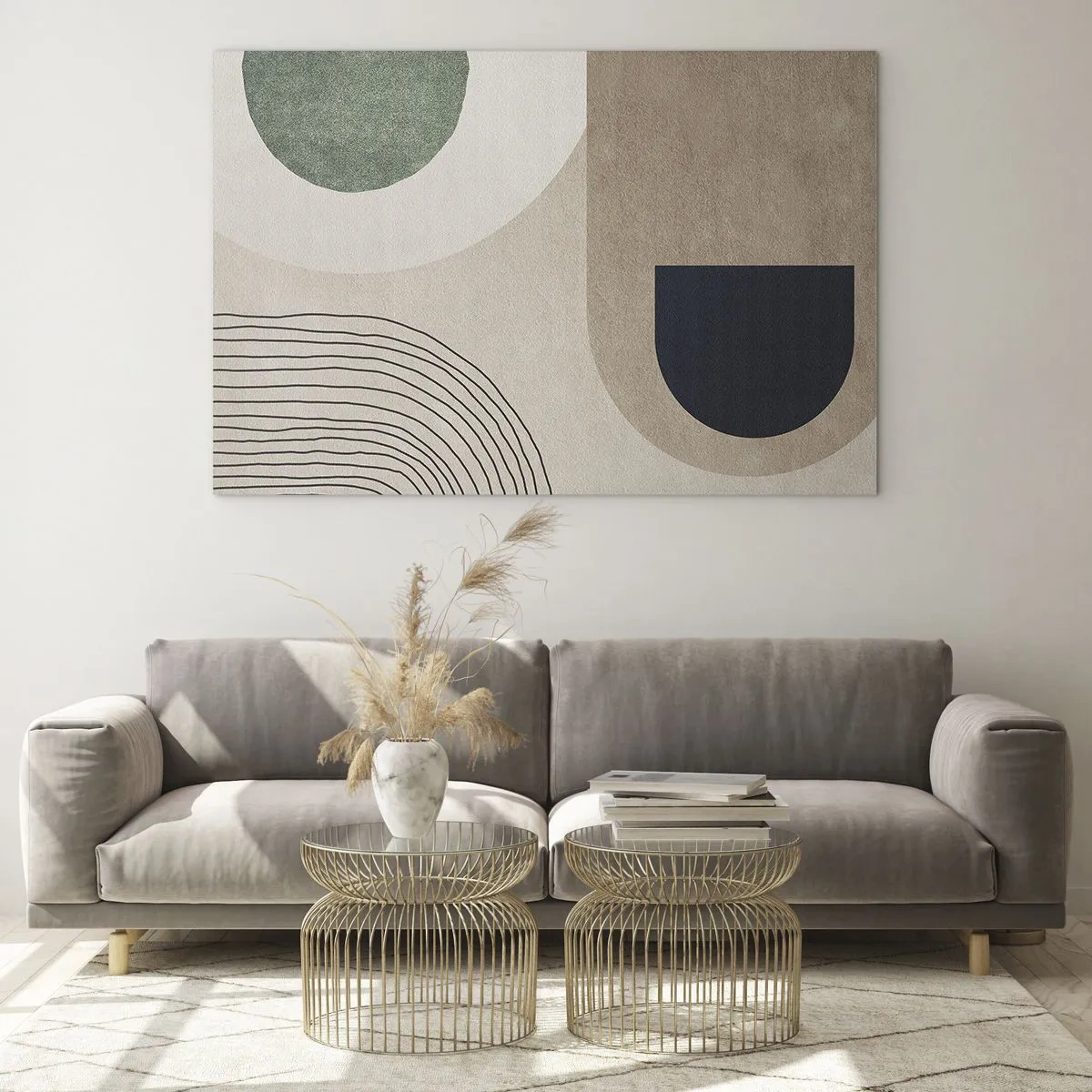Glastavla - Bild på glas - Abstrakta geometriska figurer i dämpade färger - 70x50cm - Ovalens mjukhet - Modern väggdekoration för vardagsrum och sovrum ARTTOR