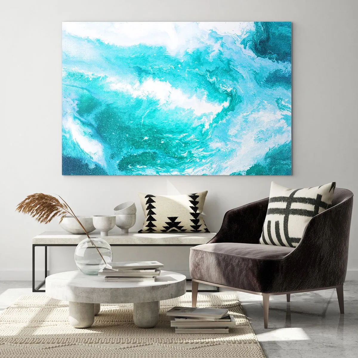 Glastavla - Bild på glas - En abstrakt komposition som föreställer turkosa vågor och virvlar. - 70x50cm - I elementets kärna - Modern väggdekoration för vardagsrum och sovrum ARTTOR
