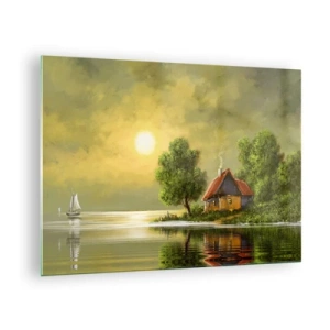 Glastavla - Bild på glas - Ett pittoreskt landskap med en stuga vid sjön vid solnedgången - 70x50cm - Vackert som från en bild - Modern väggdekoration för vardagsrum och sovrum ARTTOR