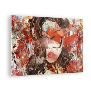 Glastavla - Bild på glas - Abstrakt porträtt av en kvinna i nyanser av rött och beige - 70x50cm - Ingen vet på riktigt hurdan du är - Modern väggdekoration för vardagsrum och sovrum ARTTOR