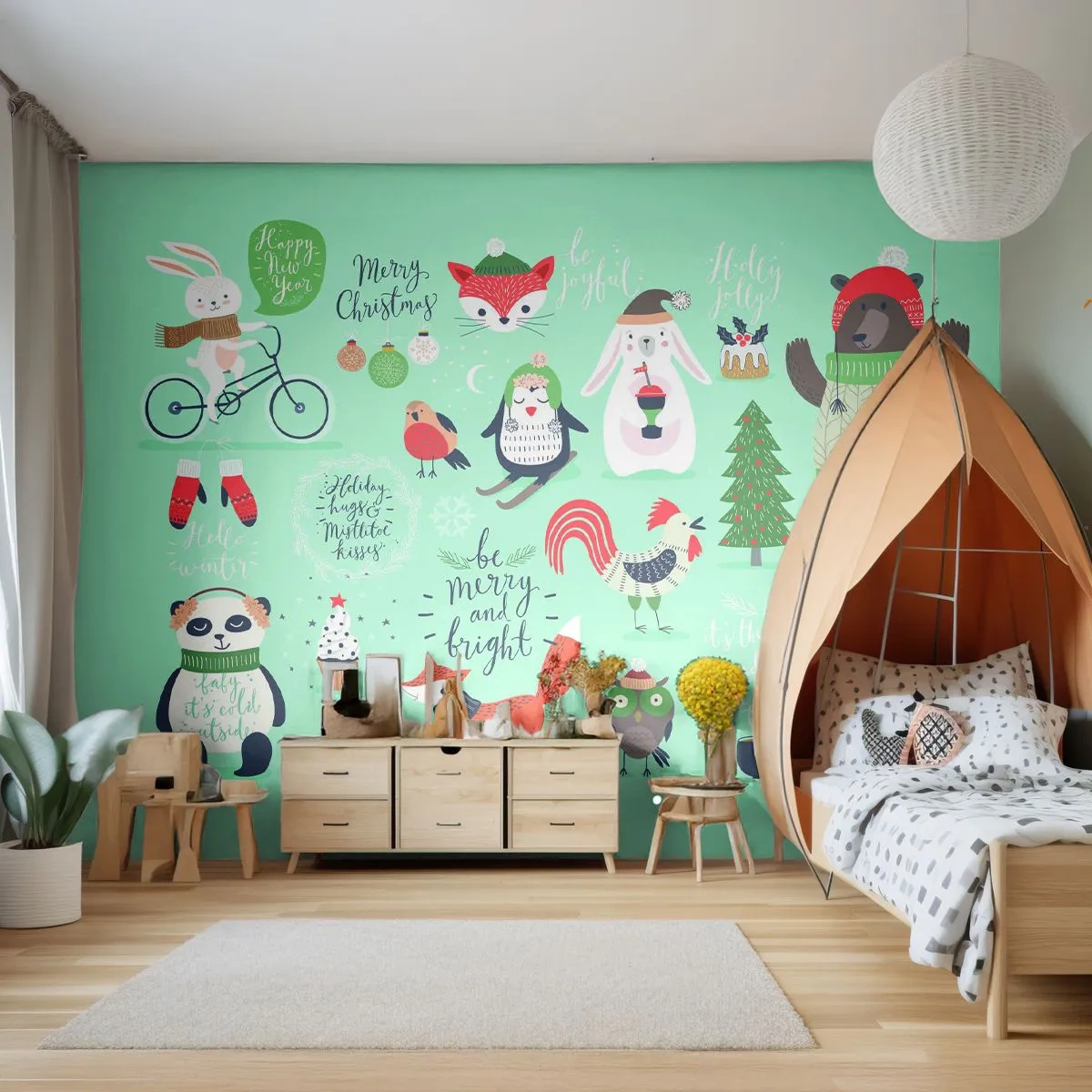 Självhäftande Fototapet Deluxe Sticker - Må det alltid vara jul! - För barn, Vinter, Glada djur - 250x175 cm