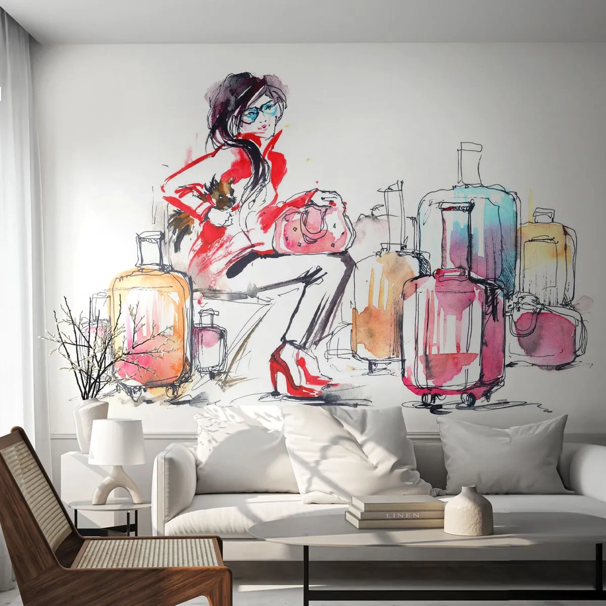 Fototapet Premium Sand - Låt oss sätta oss inför resan - Kvinna, Resa, Resväska - 250x175 cm