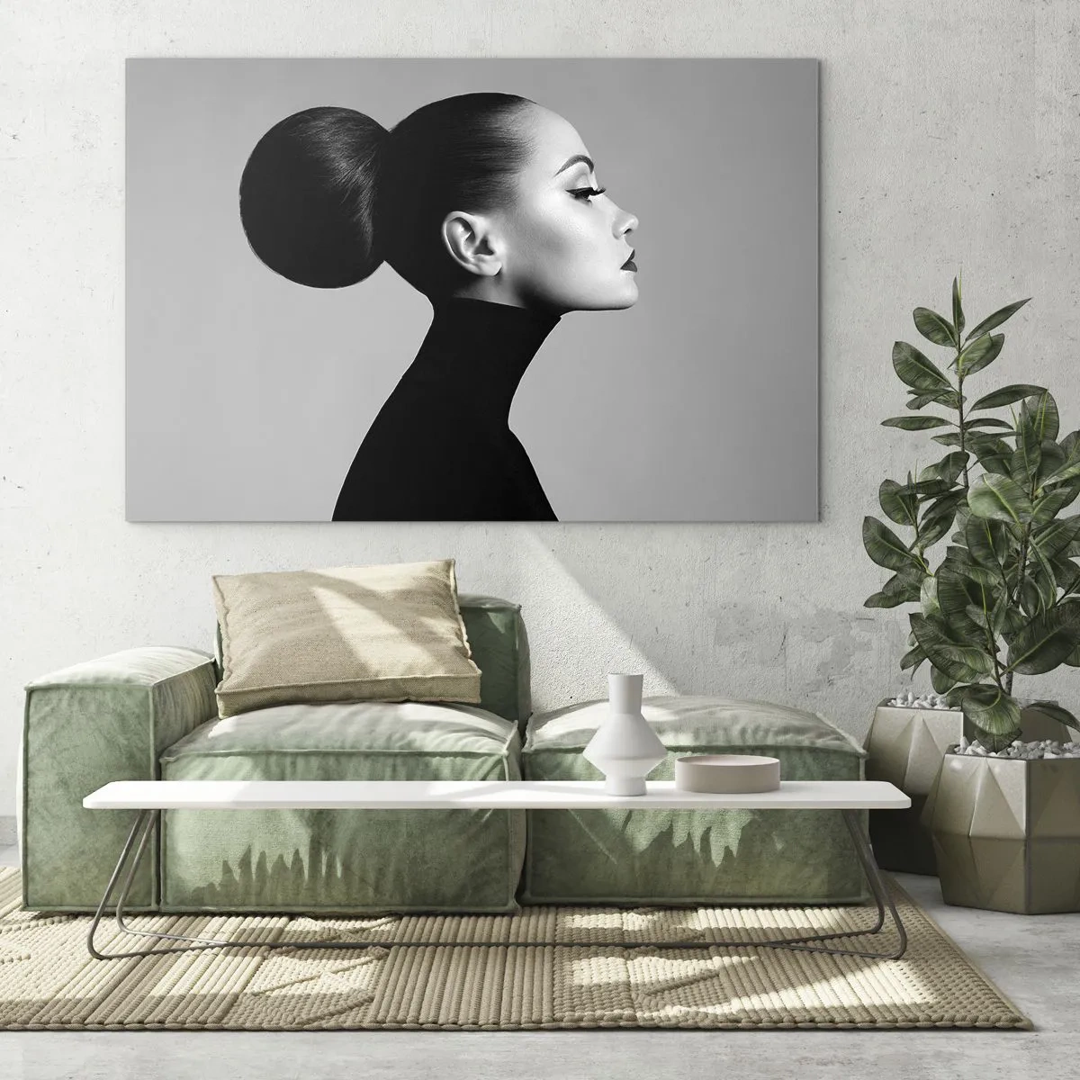Glastavla - Bild på glas - Snygg kvinna i svart mot en grå bakgrund - 70x50cm - Samtida Nefretete - Modern väggdekoration för vardagsrum och sovrum ARTTOR