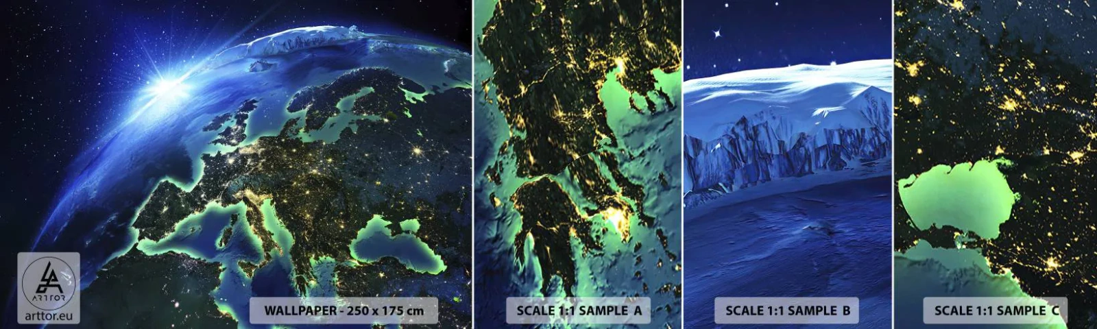 Provbit av självhäftande fototapet Deluxe Sticker - Glödande Europa - Kosmos, Planeten jorden, Kontinenter - 100x30 cm