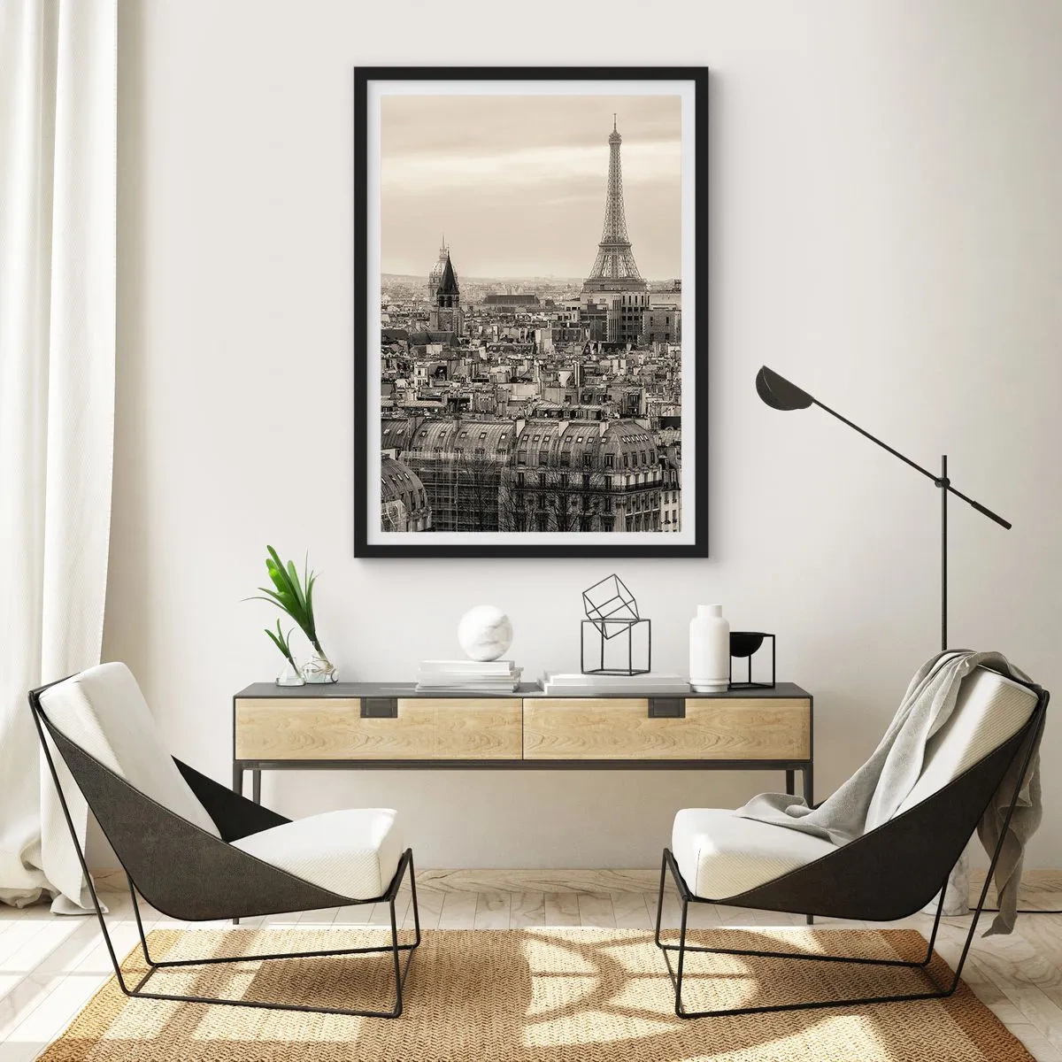 Affisch i svart ram - Panorama över Paris med Eiffeltornet i sepiafärger - 50x70cm - Över Paris tak - Modern väggdekoration för vardagsrum och sovrum ARTTOR