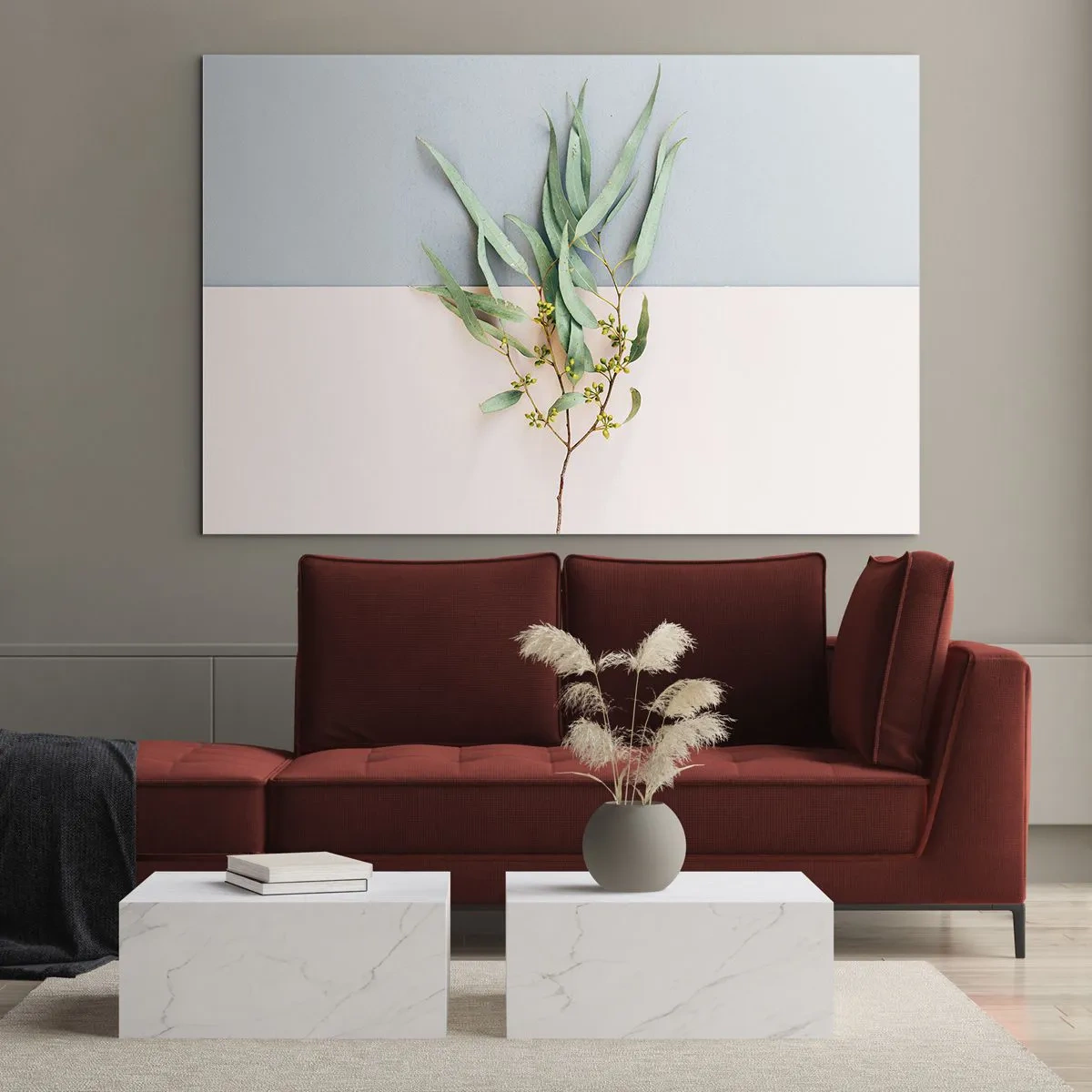 Glastavla - Bild på glas - En kvist eukalyptus på en pastellfärgad bakgrund - 70x50cm - Pastellens subtilitet - Modern väggdekoration för vardagsrum och sovrum ARTTOR