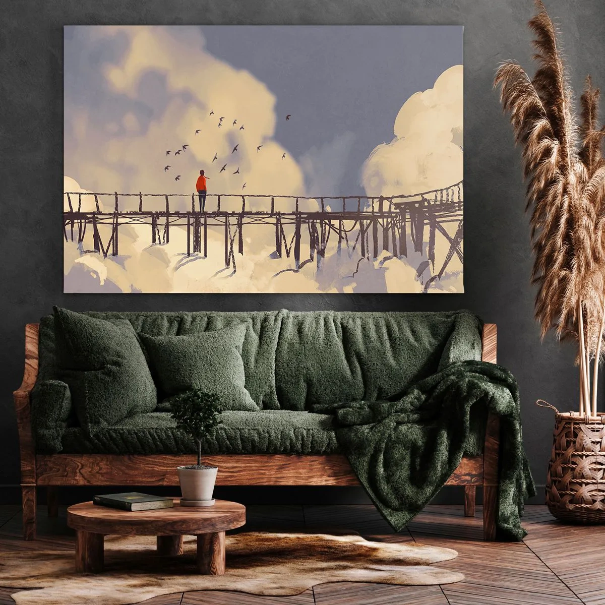 Canvastavla - Bild på duk - En figur på en bro bland moln med fåglar på himlen - 70x50cm - Blå saknad - Modern väggdekoration för vardagsrum och sovrum ARTTOR