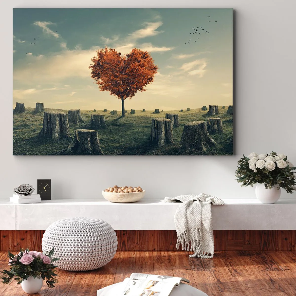 Canvastavla - Bild på duk - Ett hjärtformat träd i ett fält av stubbar, en symbol för hopp - 70x50cm - Det finns fortfarande hopp - Modern väggdekoration för vardagsrum och sovrum ARTTOR