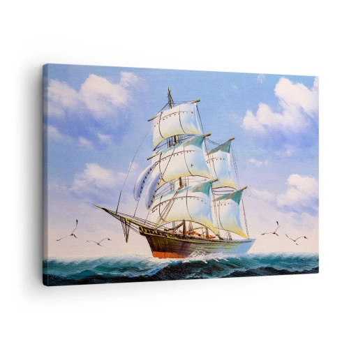 Canvastavla - Bild på duk - Ett segelfartyg på öppet hav under en blå himmel - 70x50cm - Stolt med vinden - Modern väggdekoration för vardagsrum och sovrum ARTTOR