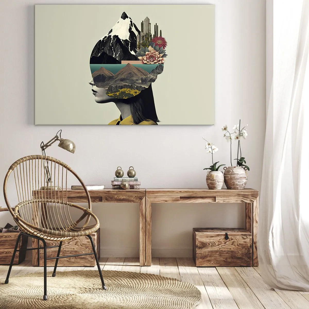 Canvastavla - Bild på duk - Collage av en kvinna med ett bergslandskap och blommor - 70x50cm - Kvinnan - alltid ett mysterium - Modern väggdekoration för vardagsrum och sovrum ARTTOR