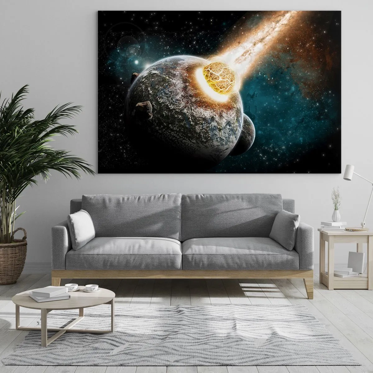 Glastavla - Bild på glas - En planet som kolliderar med en meteorit - 70x50cm - Förödelse eller födsel? - Modern väggdekoration för vardagsrum och sovrum ARTTOR
