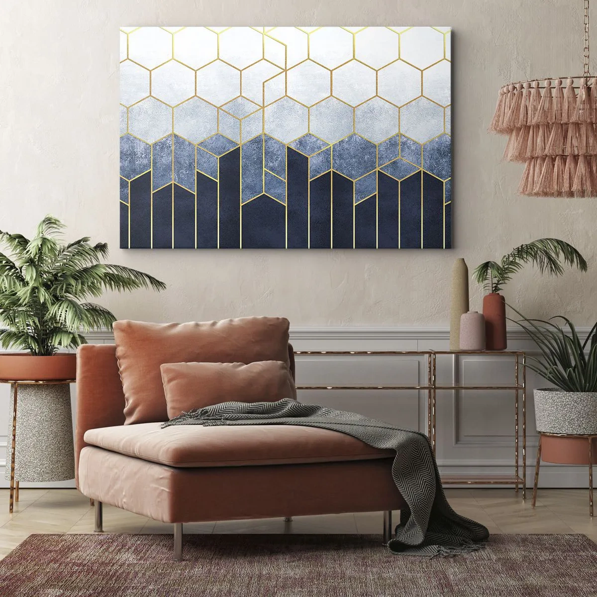 Canvastavla - Bild på duk - Geometriskt mönster i nyanser av guld och marinblått - 70x50cm - Komposition i synkoprytm - Modern väggdekoration för vardagsrum och sovrum ARTTOR