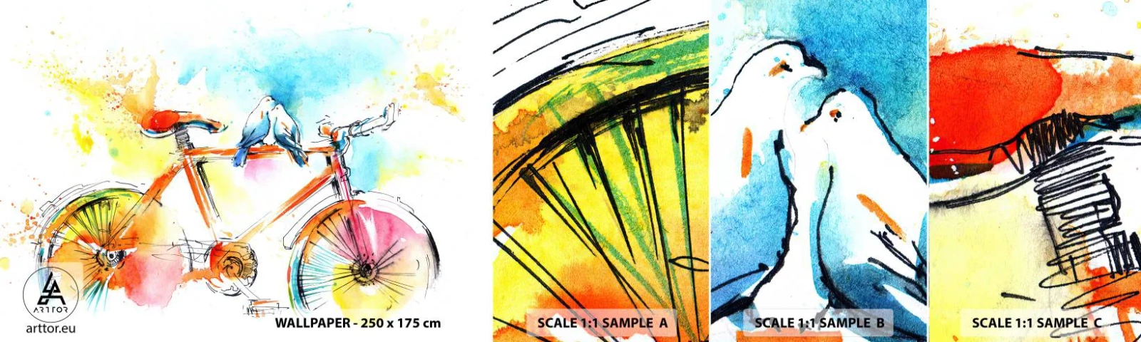 Fototapet Prov Standard Eco - Två på cykel - Abstraktion, Cykel, Fåglar - 100x30 cm