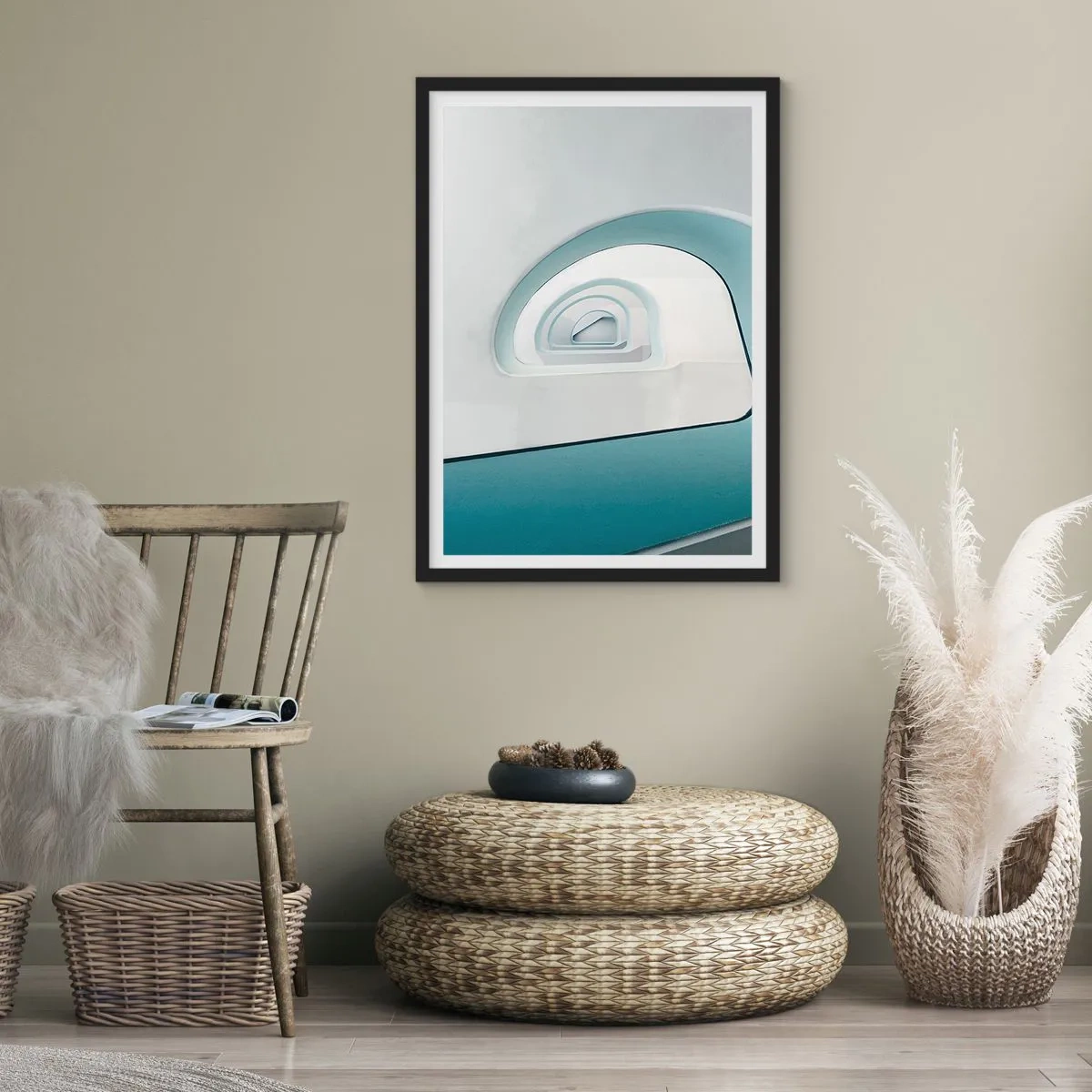 Affisch i svart ram - Moderna böjda linjer och arkitektoniska strukturer i ljusa färger - 50x70cm - Till det blåas botten - Modern väggdekoration för vardagsrum och sovrum ARTTOR