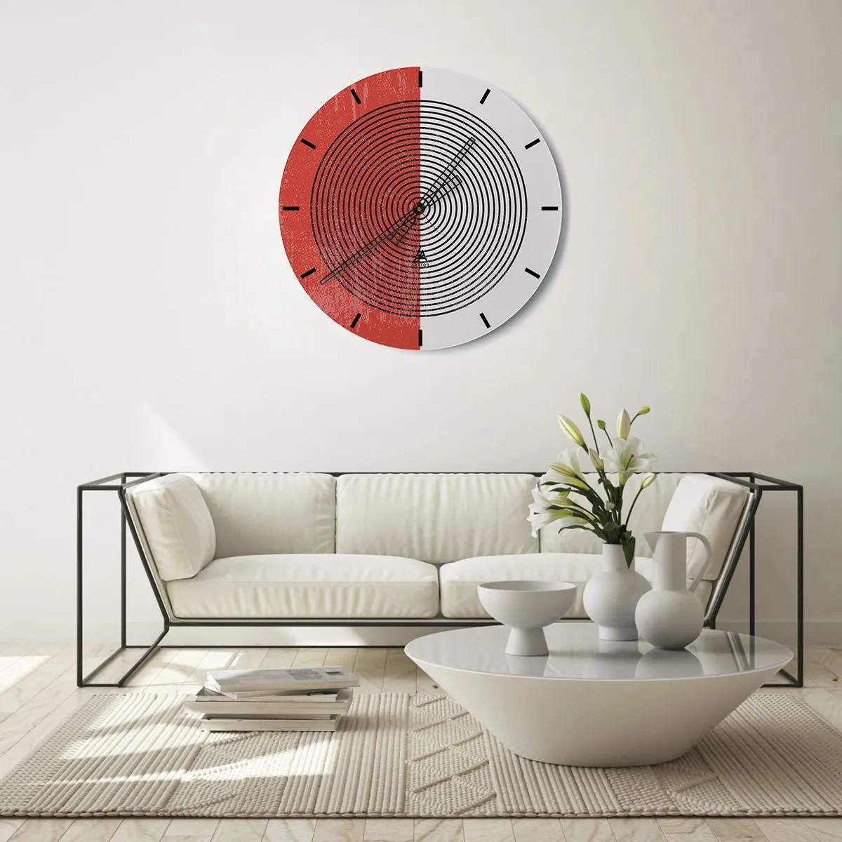 Väggklocka - Klocka på glas - Minimalistiskt spiralmönster på en delad bakgrund - 30x30cm - Mitt i prick - Modern väggdekoration för vardagsrum, kök och sovrum ARTTOR