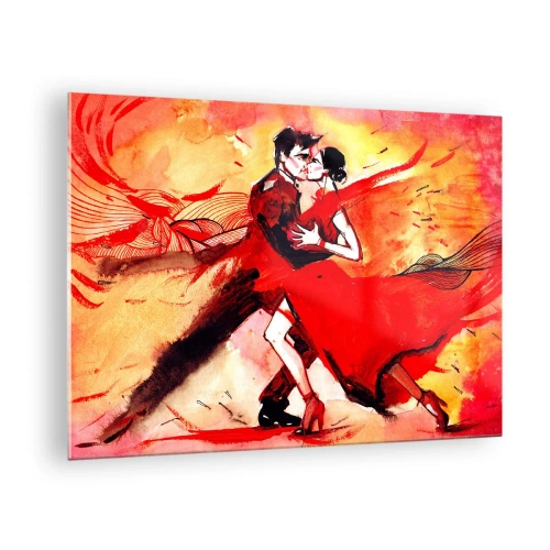 Glastavla - Bild på glas - Ett par som dansar i en dynamisk röd komposition - 70x50cm - Passionens lila rytm - Modern väggdekoration för vardagsrum och sovrum ARTTOR
