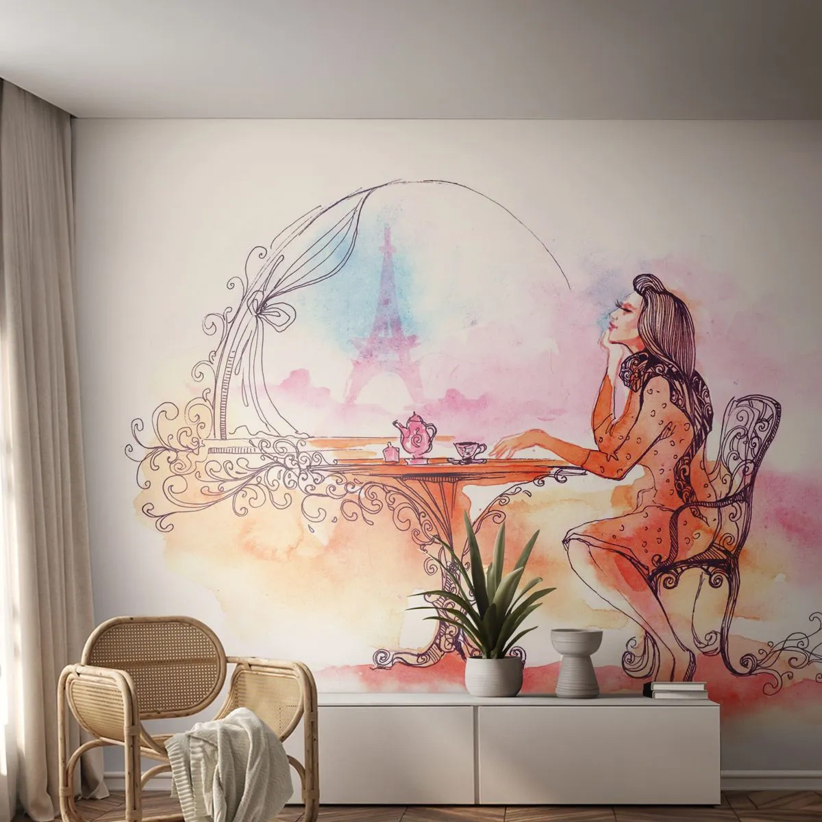 Självhäftande Fototapet Deluxe Sticker - Paris stil - Paris, Kvinna, Eiffeltornet - 250x175 cm