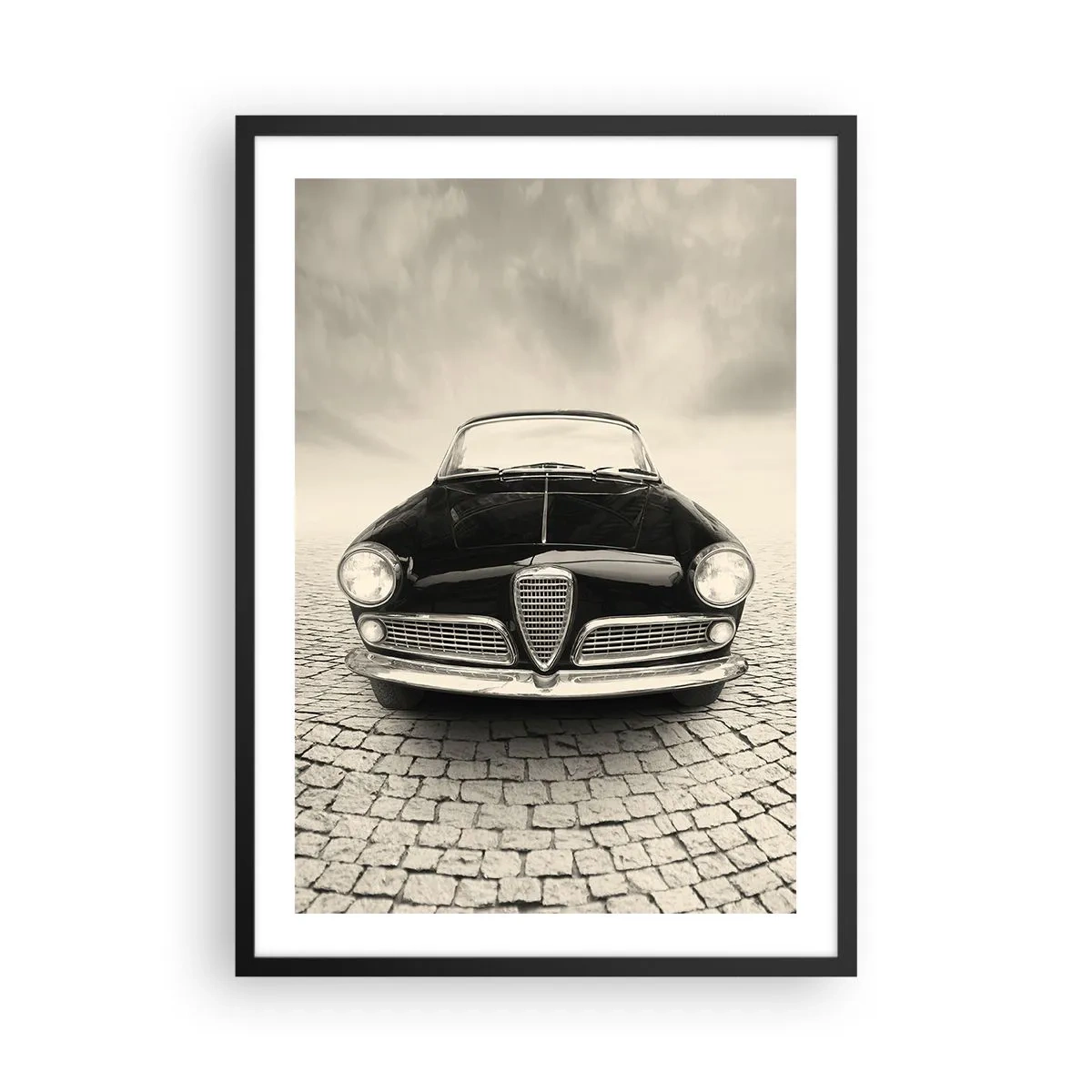 Affisch i svart ram - Framsidan av en klassisk bil på en kullerstensgata - 50x70cm - Hur kan man inte älska mig? - Modern väggdekoration för vardagsrum och sovrum ARTTOR