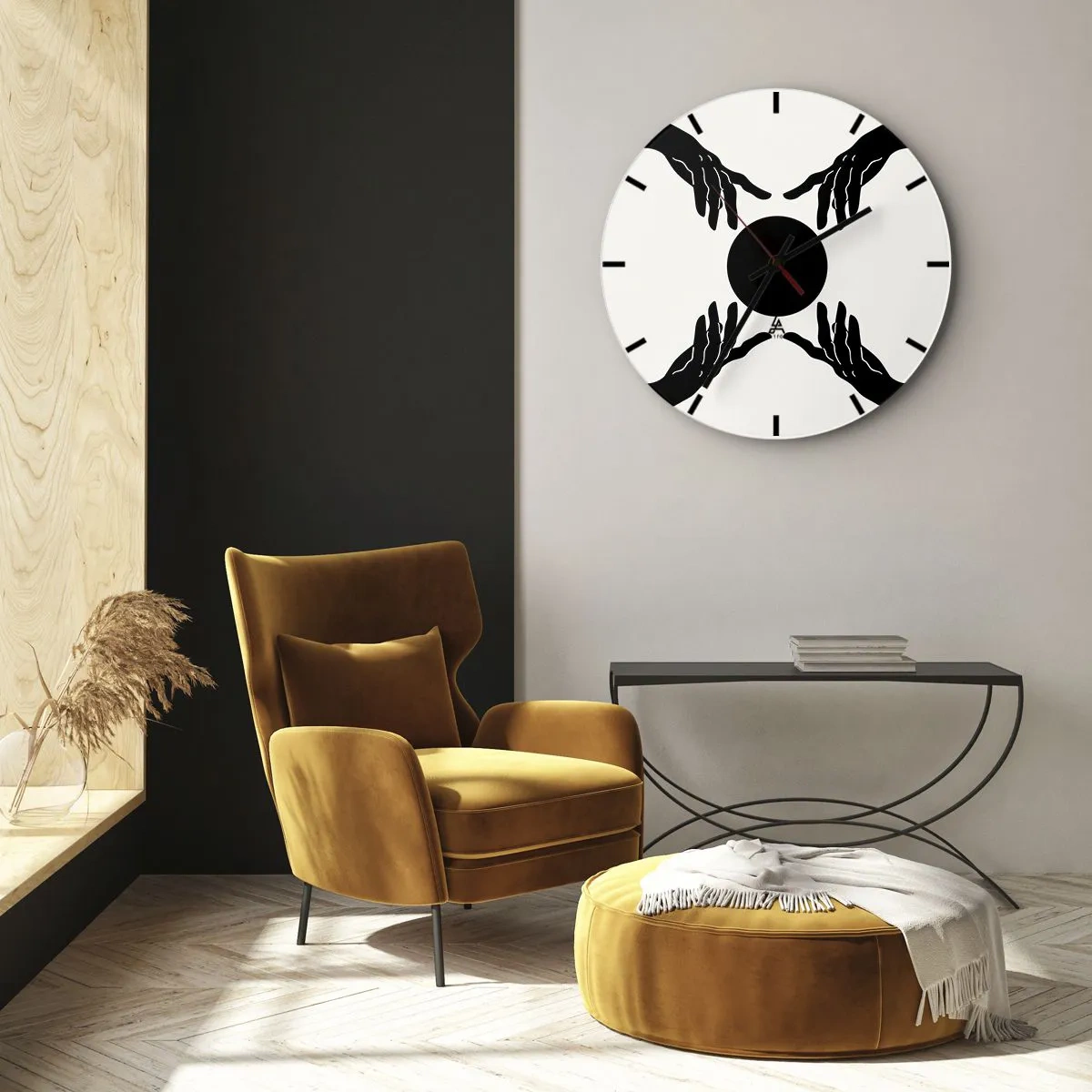 Väggklocka - Klocka på glas - Svarta händer som omger en mörk cirkel mot en ljus bakgrund - 30x30cm - Ett hemligt tecken - Modern väggdekoration för vardagsrum, kök och sovrum ARTTOR