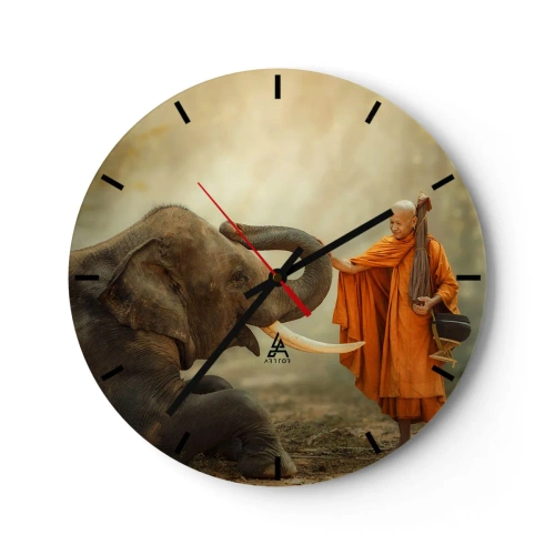Väggklocka - Klocka på glas - En buddhistisk munk och en elefant i en fridfull, naturlig miljö - 30x30cm - Ett möte under resan - Modern väggdekoration för vardagsrum, kök och sovrum ARTTOR