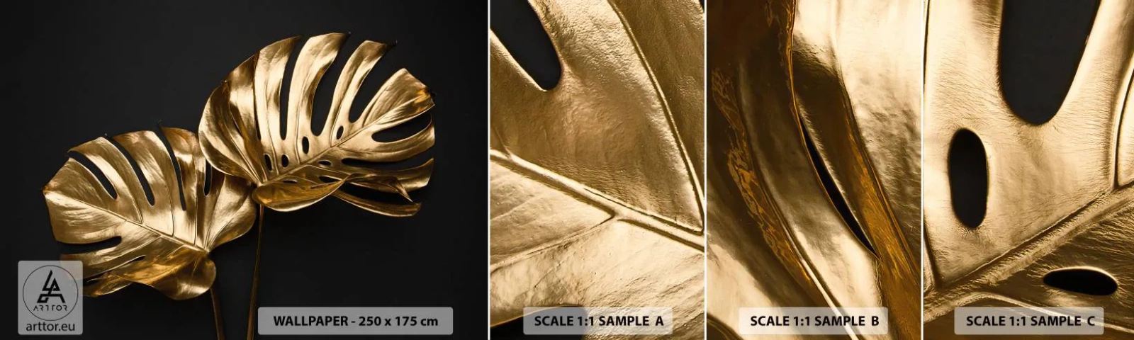 Provbit av självhäftande fototapet Deluxe Sticker - Naturens skatter - Abstraktion, Guldlöv, Monstera löv - 100x30 cm