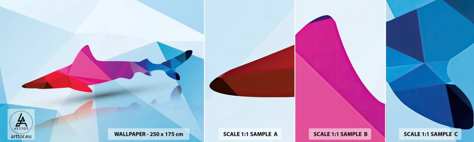 Provbit av självhäftande fototapet Deluxe Sticker - Haj i kristallrummet - Djur, Haj, Geometrisk figur - 100x30 cm