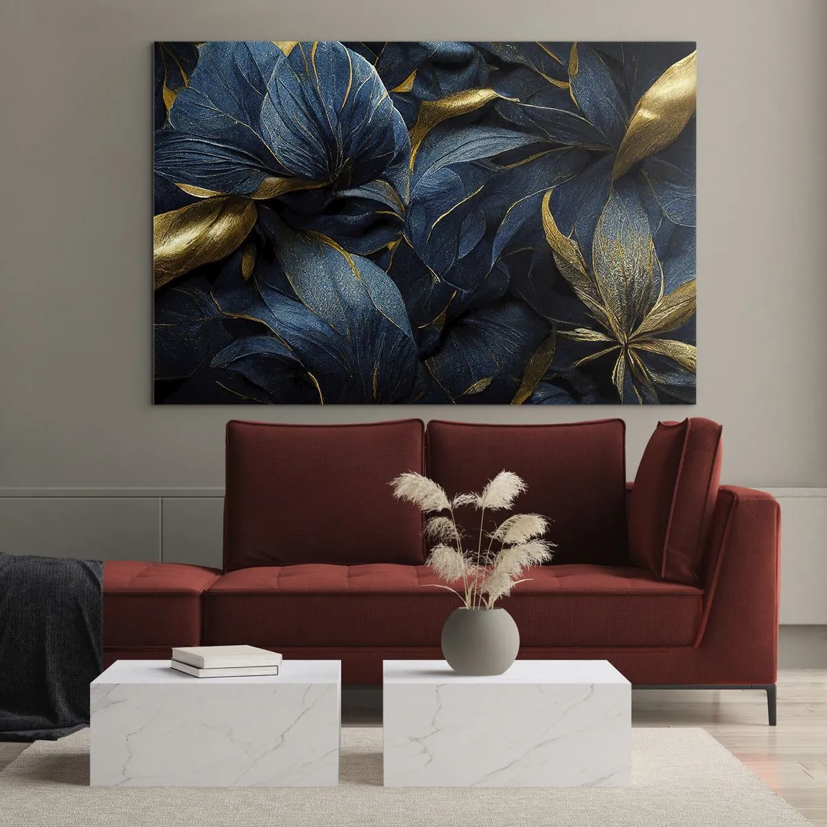 Glastavla - Bild på glas - Mörkblå blad med subtila guldfärgade accenter - 70x50cm - Fodrad med guld - Modern väggdekoration för vardagsrum och sovrum ARTTOR