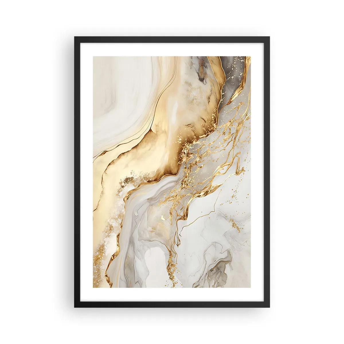 Affisch i svart ram - Abstrakt guld- och vitmarmorkomposition - 50x70cm - Abstraktion: skönhet och godhet - Modern väggdekoration för vardagsrum och sovrum ARTTOR