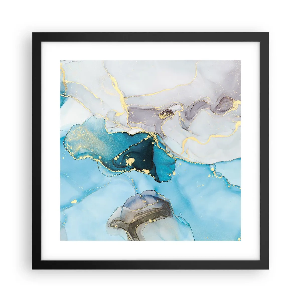 Affisch i svart ram - Studie över mötet mellan grå och turkos - 40x40 cm
