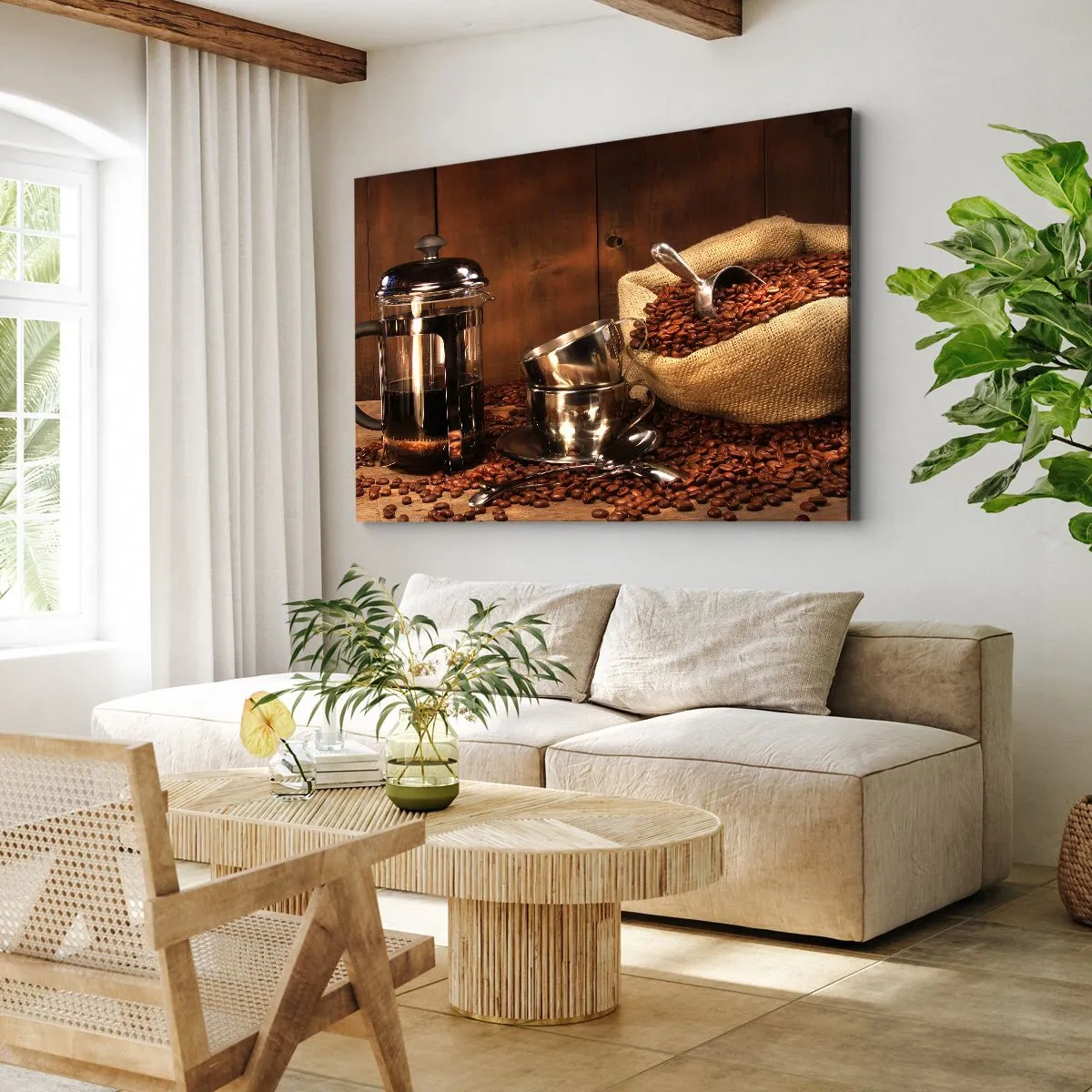 Canvastavla - Bild på duk - Fransk press, koppar och en påse kaffe på en träbakgrund - 70x50cm - Kaffets charm - arom och smak - Modern väggdekoration för vardagsrum och sovrum ARTTOR