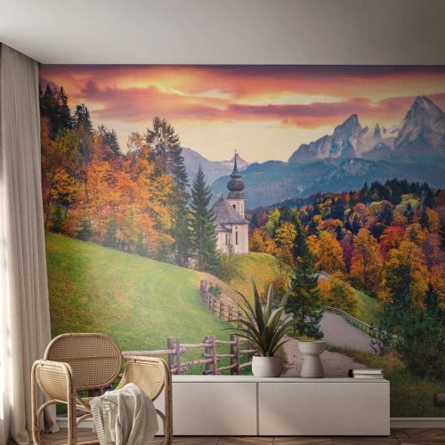 Fototapet Premium Sand - Landskap som en målning - Bergslandskap, Väg, Kyrka - 100x70 cm