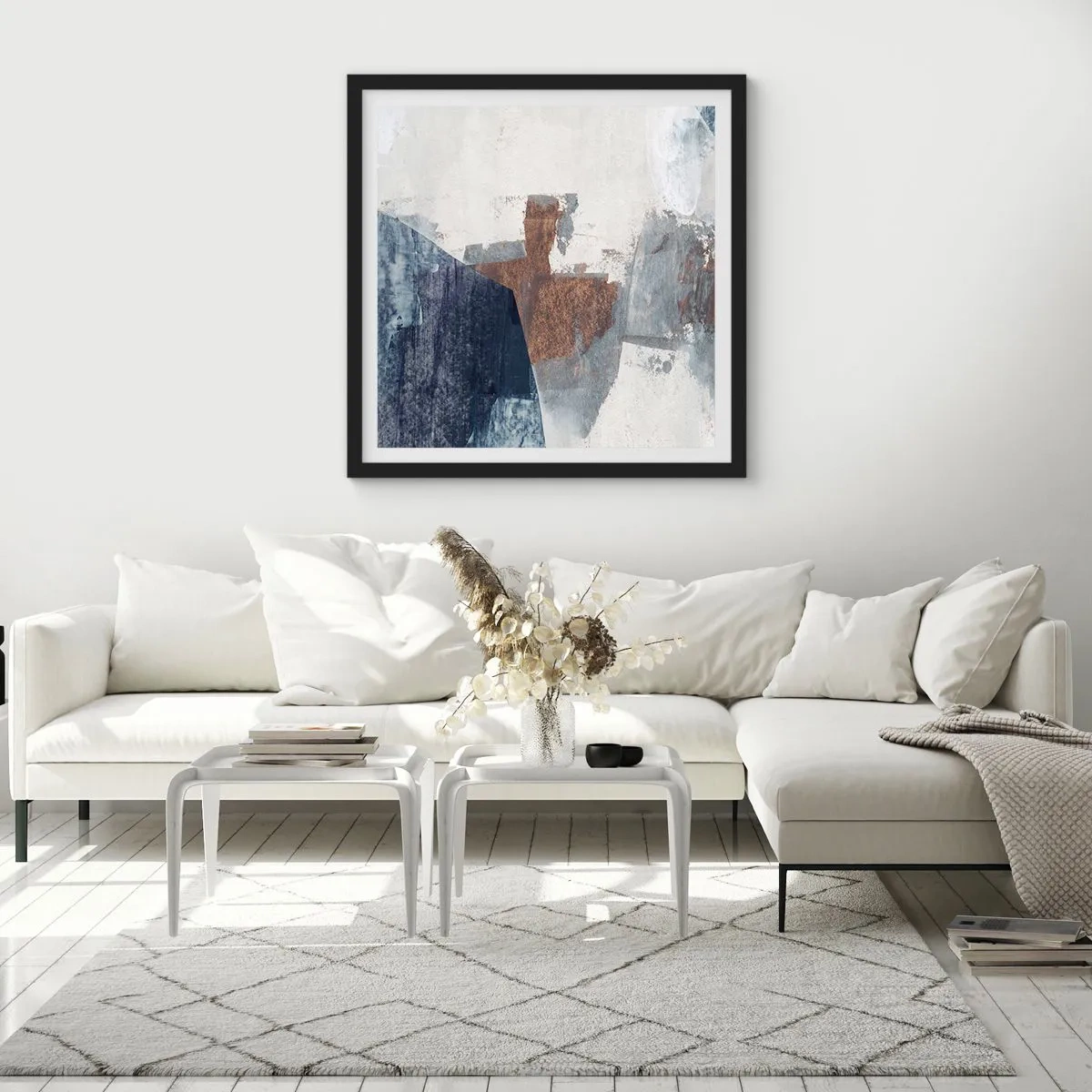 Affisch i svart ram - Blåbruna former - 30x30 cm