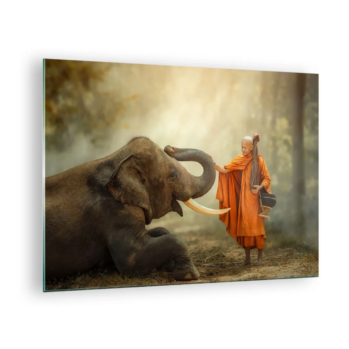 Glastavla - Bild på glas - En munk i orange kläder med en elefant i en naturlig miljö - 70x50cm - Ett möte under resan - Modern väggdekoration för vardagsrum och sovrum ARTTOR