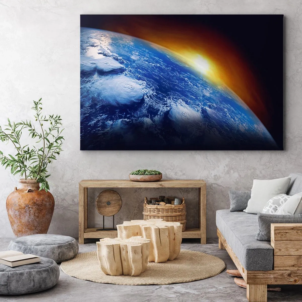 Canvastavla - Bild på duk - Vy över jorden från rymden vid solnedgången - 70x50cm - Soluppgång över den blåa planeten - Modern väggdekoration för vardagsrum och sovrum ARTTOR